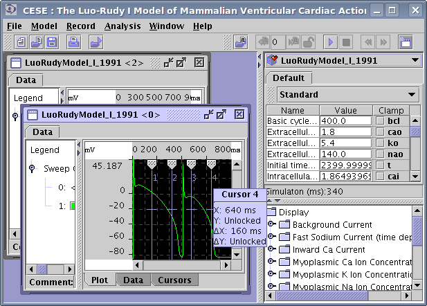 Main CESE window after 2 simulations. Results for each simulation are displayed in the separate window. The Luo-Rudy phase I model was used, and Membrane Voltage was selected for the visualization.