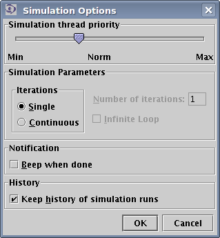 Simulation Options dialog. Here you can setup the simulation thread priority, and specify the number of simulations that will be performed when Start Simulation command is invoked.