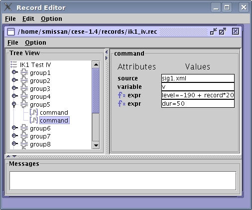 Record Editor is used to specify clamping commands. You connect certain model variable (in this case the Membrane Voltage — v) to the command file (sig1.xml). There are 13 groups in this file, we are changing Membrane Voltage in 20 mV increments to generate the I-V.